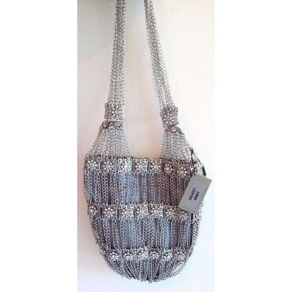 Kenny Ma Metal Mesh Swarovski Flower Beaded Handbag Bronze Bag Brown Purse NEW - Picture 9 of 9